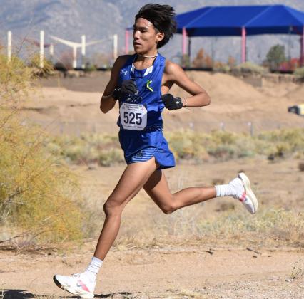 With the Sandia Mountains as a background, Lucas Williams, a junior at Laguna-Acoma High School is this year's 2A cross country champion. Williams blazed across the fast course at Academy High School with a time of 16:18.91. Franklin Romero - CC