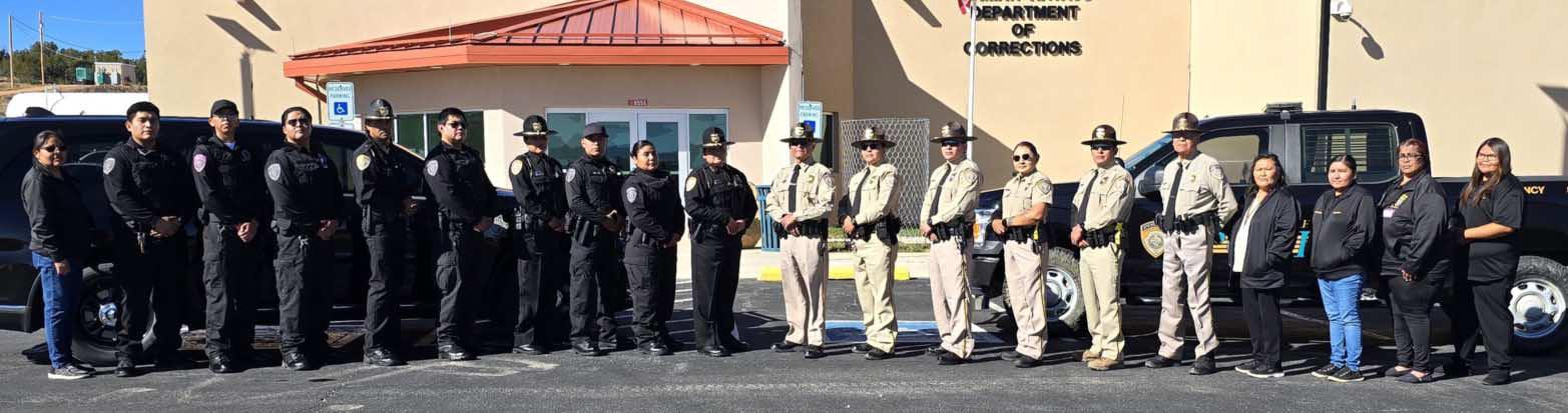 Members of the Ramah Navajo Police Department, Ramah Navajo Department of Corrections, Communications Section, and Support Services Team stand together during a comprehensive department-wide inspection conducted Oct. 30 at the Ramah Navajo Department of Corrections. The inspection aimed to ensure full operational readiness and uphold the department’s standards of integrity, discipline, and professionalism. Courtesy Photo