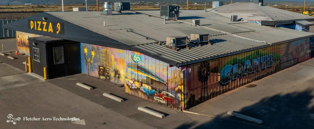 The vibrant mural adorning Pizza 9 showcases a nostalgic nod to Route 66 and community pride, part of the ongoing revitalization efforts led by Grants MainStreet Project Inc. Courtesy of Matt Fletcher