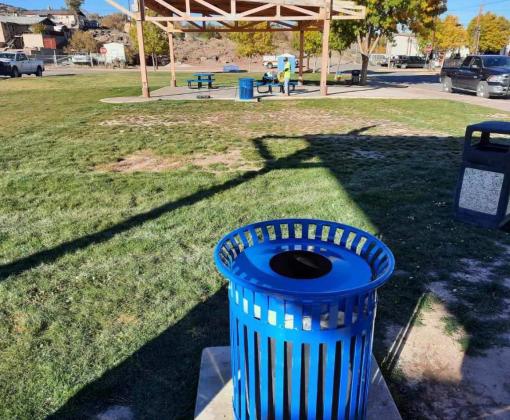 New trash receptacles and picnic tables brighten the lawn at Fire &amp;amp; Ice Park as part of the Grants MainStreet beautification effort. Courtesy Photo