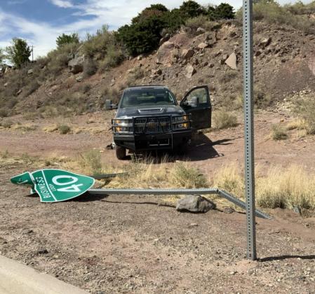 Pictured, a truck which was allegedly stolen from McKinley County crashed into multiple vehicles, taking out a traffic light, before finally spinning out of control and stopping just off Santa Fe Avenue. Diego Lopez - CC