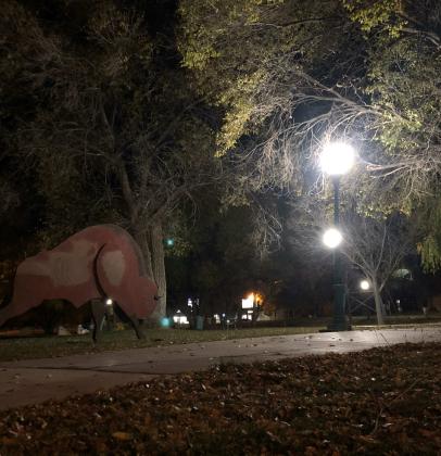 Proudly on display at the Fire and Ice Park in Grants, N.M. stands a large bison. The animal is Cibola County’s mascot and it is pictured standing with a number of leaves which have fallen to announce the arrival of Autumn. Diego Lopez - CC