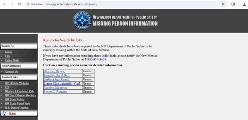 Screenshot of the New Mexico Department of Public Safety's Missing Person Clearinghouse website taken on July 29, 2025, showing six individuals listed as missing from Grants, N.M., including Destinee Begay, who law enforcement previously confirmed had been located. Courtesy Photo