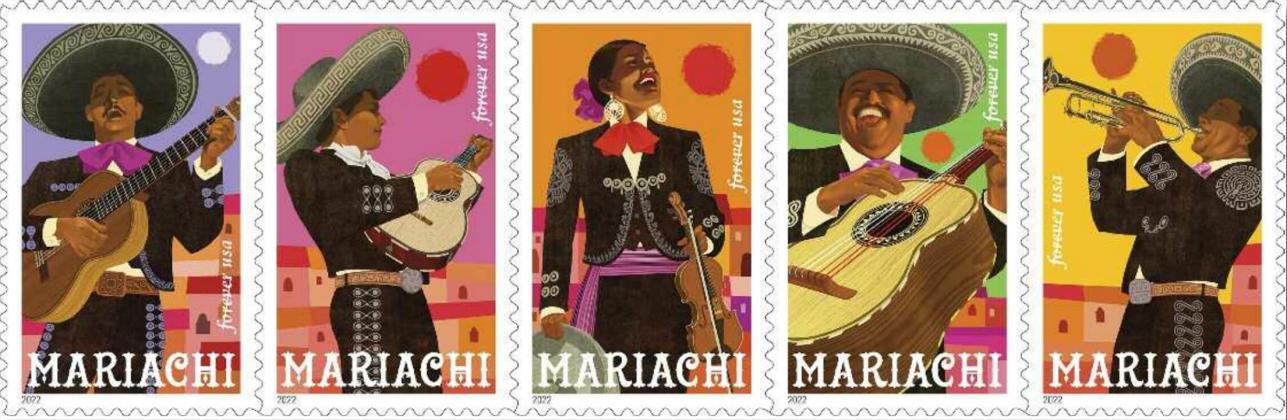 The United States Postal Service is honoring Mexican culture with new mariachi stamps. Each of the five new stamps in the pane of 20 features a musician, dressed in the traditional outfit of mariachi performers, playing one of five iconic mariachi instruments: guitar, guitarrón, vihuela, violin and trumpet. The geometric shapes in the background of each stamp are a nod to Mexican villages, where mariachi music originated. Courtesy Photo