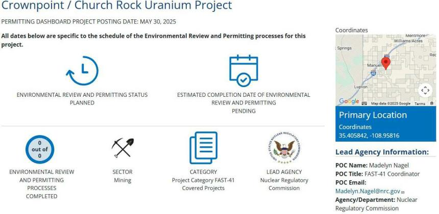 Crownpoint-Churchrock Uranium Project This proposed in-situ uranium recovery facility spanning Crownpoint and Churchrock was added to the FAST-41 list on May 30. Although licensed by the NRC, the project remains in the planned phase of environmental permitting. Courtesy Photo
