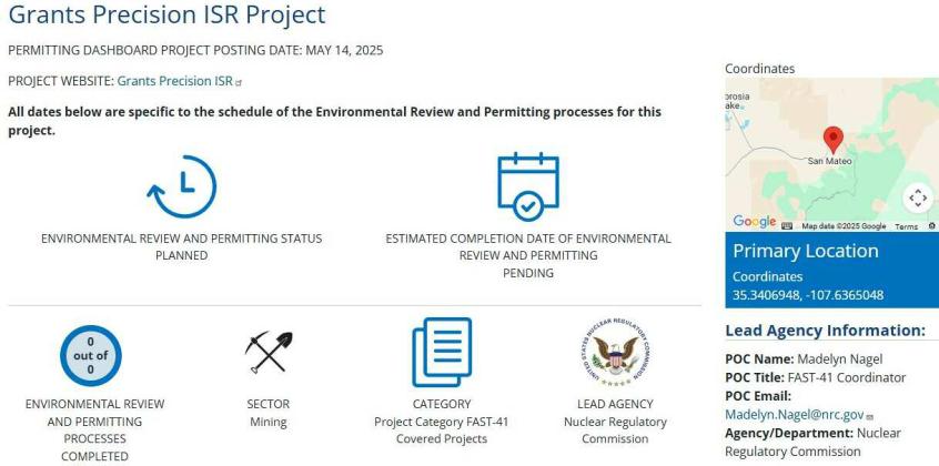 Grants Precision ISR Project The Grants Precision ISR Project, located near San Mateo, has been designated as a FAST-41 covered project by the federal government. The in-situ recovery uranium facility is still in the early permitting stages, with no review processes completed as of mid-June. Courtesy Photo