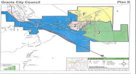 The City of Grants is divided into four council districts, shown above in yellow (District 1), pink (District 2), green (District 3), and blue (District 4). The mayor serves atlarge, representing the entire city. Districts 1 and 3 are on the ballot for the 2025 Regular Local Election, while Districts 2 and 4 and the mayor return to the ballot in 2026. Courtesy Photo