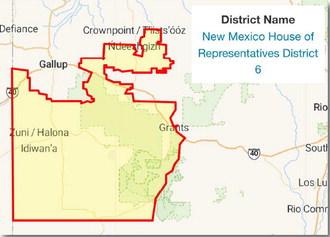 A map highlighting New Mexico House District 6, which spans parts of Cibola and McKinley Counties, including the communities of Zuni, Grants, and Crownpoint. This district is at the center of recent political situation following the resignation of Rep. Eliseo 'Lee' Alcon and the controversial nomination of Rep. Harry Garcia to fill the seat. Courtesy Photo