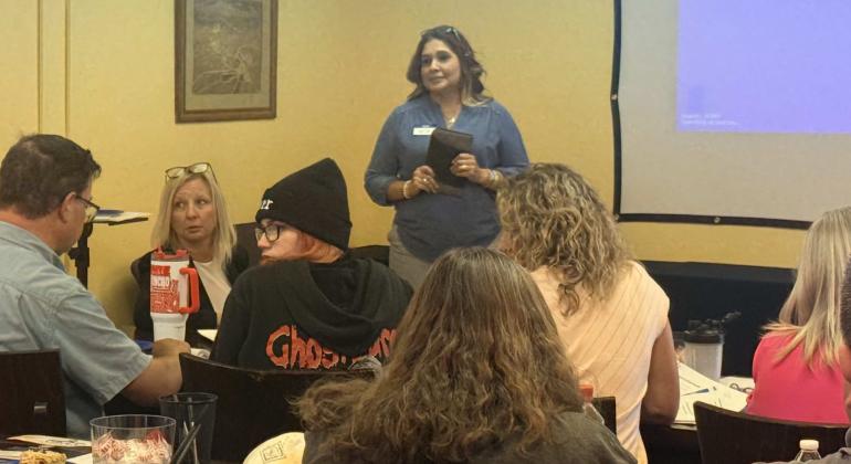 Rosie Morales with Tom Fitzsimmons State Farm speaks during the Cibola Communities Economic Development Foundation’s “How to Start a Business” workshop Monday, Aug. 24. Morales was one of the local business professionals aspiring entrepreneurs were able to connect with. Courtesy Photo