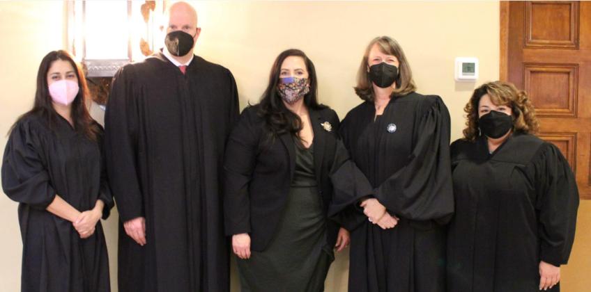 Justice Briana H. Zamora, Justice David K. Thomson, Erin Atkins, Justice C. Shannon Bacon, and Justice Julie J. Vargas