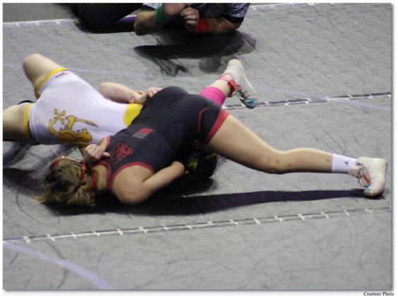 Raeyna Valdez in action in one of her matches at Girls Conflict at Cleveland this past weekend. The Lady Pirate Wrestlers participated at the meet at Cleveland High School. Valdez placed 5th in the 120-pound weight class. Courtesy Photo