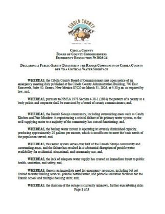 Cibola County Emergency Resolution 2026-24, approved March 31, 2026 to declare "a Public Safety Disaster in the Ramah Community of Cibola County Due to a Critical Water Shortage".