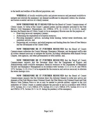 Cibola County Emergency Resolution 2026-24, approved March 31, 2026 to declare "a Public Safety Disaster in the Ramah Community of Cibola County Due to a Critical Water Shortage".