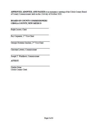 The text of a resolution declaring an emergency in Cibola County after severe flooding damaged homes. Passed by the Cibola County Commission October 23, 2026.