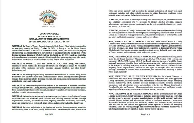 The text of a resolution declaring an emergency in Cibola County after severe flooding damaged homes. Passed by the Cibola County Commission October 23, 2026.