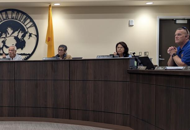 Cibola County Commission Chair Ralph Lucero, left, Vice Chair Christine Lowery, Commissioner Georgia Sanchez, and Cibola Emergency Manager Dustin Middleton address recent flooding.