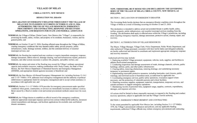 A resolution declaring an emergency in the Village of Milan. Passed October 23, 2026.