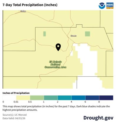 The last week brought mostly light, spotty moisture across Cibola County – enough to show up on the map, but not widespread enough to materially change drought conditions on its own. Drought.gov precipitation totals for the week ending April 3 show mostly trace to light moisture across the county, with only small pockets near Grants reaching around half-inch to an inch. Courtesy Photo