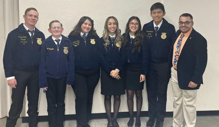 The Grants FFA chapter has competed in their first competition of the year in Farmington. This is the first competition that the chapter has competed in after rechartering. Two members of the chapter have qualified to compete in two other events happening next year. From Left to Right: Brandon Small, Harry Lee, III, Karyssa Cook,Arianna Spidle, Shelbie Martinez, Tonee Slockish, Amador Gonzales Courtesy Photo