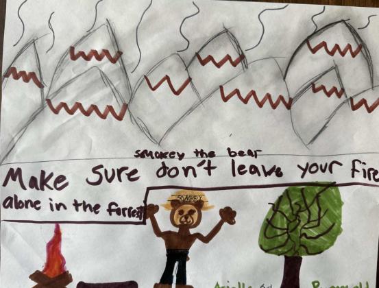 Students in Mrs. Rodriguez’s first, second and third grade class at San Fidel Mission School created Smokey Bear and wildfire-prevention drawings as Cibola County enters May under severe-to-extreme drought conditions and expanding fire restrictions. The student artwork reminds residents and visitors to prevent human-caused wildfires by following burn bans, properly extinguishing campfires where they are allowed, and using caution outdoors. Courtesy photos/San Fidel Mission School.