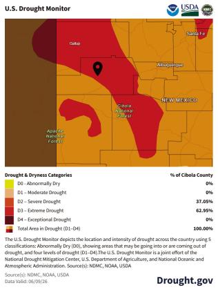 The U.S. Drought Monitor map valid June 9, 2026, shows all of Cibola County in drought, with 37.05 percent in Severe Drought and 62.95 percent in Extreme Drought. The map shows severe and extreme drought stretching across portions of western New Mexico, adding urgency to forest, watershed, road and range projects that may be considered through the Southern New Mexico Resource Advisory Committee. Source: NDMC, NOAA, USDA. Courtesy Photo