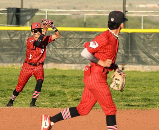 Pirates to state! The Grants High School baseball team received a second seed to the 4A state baseball tournament and will host the 16th seeded Portales Rams (12-11, 3-6) this weekend in a best of three games series. The Pirates came in first place in district 5 4A and amassed a record of 20-6 and 7-1. In this photo, Estevan Barela, 6, catches a fly ball in a recent district game against the Belen Eagles. Franklin Romero - CC