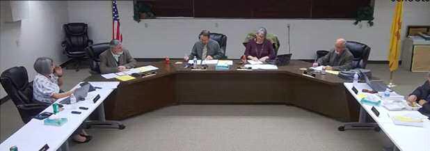 Grants Cibola County School Board members attend their regular meeting. L to R: Member Ms. Sandoval, Superintendent Lane Widner. Vice President T. Walter Jaramillo, President Francie Lee, Secretary Ronald Ortiz, member Dr. Guy Archambeau. Courtesy Photo