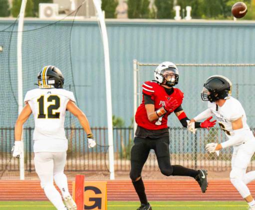Isaiah Ortega, 1, almost had a great catch against St. Pius in a home game earlier in the season. Ortega had two receiving touchdowns last week against Dexter in the Pirates 44-22 win over the Demons. The Pirates improve to 2-1 and will host Espanola Valley (2-1) this Friday at 7 pm at the Port of the Pirates. Come early to hear the cannon roar per head coach Steve Brown of the Pirates. Franklin Romero - CC