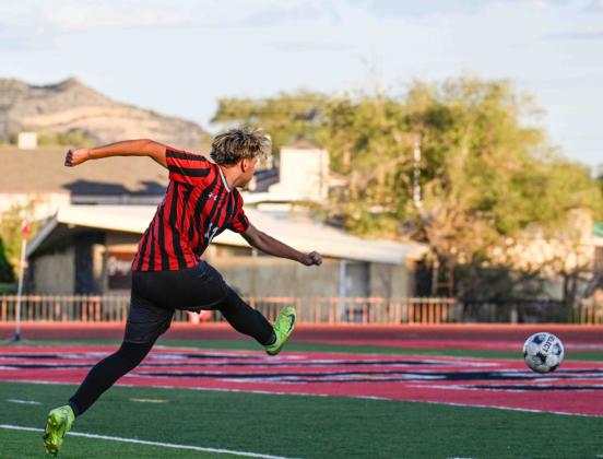 Junior Antonio Perez with one of his last 3 goals this past Tuesday in a home game against I-40 rival the Gallup Bengals. (0-3). The Pirates improve to 1-7. Franklin Romero - CC