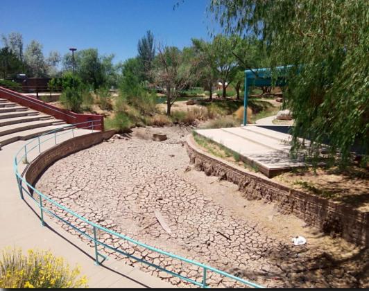 Due to a pump going down, the water channel (Rio San Jose) along the City of Grants Riverwalk is dry. Delivery of a replacement pump could take up to eight weeks, according to Mayor Erik Garcia. Courtesy Photo