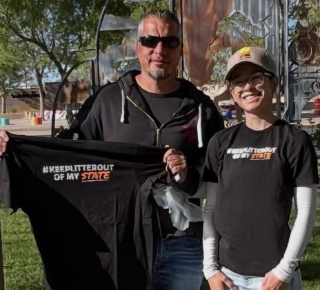 Grants Mayor Erik Garcia stands with Grants High School 11th grader Reilly Burress during a recent cleanup effort tied to New Mexico’s “Breaking Bad Habits” anti-litter campaign. Garcia said Burress, who serves as Gov. Michelle Lujan Grisham’s ambassador for the campaign, helped spotlight local work at Riverwalk Park as the city teamed up with the state to promote cleaner public spaces. Diego Lopez - CC