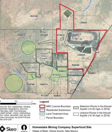 The Homestake Mining Company Superfund Site north of Milan, showing the NRC license boundary (red outline), nearby residential subdivisions (Pleasant Valley Estates, Murray Acres, Broadview Acres, Felice Acres, Valle Verde), land treatment areas (green hatch), parcel boundaries, and the approximate uranium (~0.16 mg/L, 2019) and selenium (~0.32 mg/L, 2019) plumes in the San Mateo alluvial aquifer. NM State Road 605 runs along the east side of the site. Source: EPA Region 6/Skeo Courtesy Photo