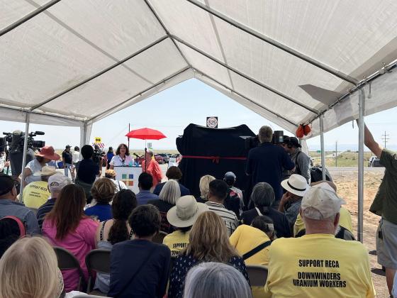 Tina Cordova, co-founder of Tularosa Basin Downwinders Consortium, speaks during a sign commemoration and RECA celebration July 16, 2025, off U.S. Hwy. 380 between Carrizozo and San Antonio, New Mexico. The location is not far from Trinity Site, where the first nuclear detonation took place. Courtesy Photo