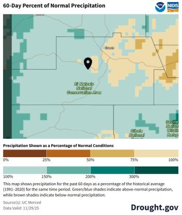 A 60-day percent-of-normal precipitation map valid Nov. 29, 2025, shows near-normal to slightly above-normal fall rainfall across much of central Cibola County, though not enough to erase long-term drought conditions. Courtesy Photo