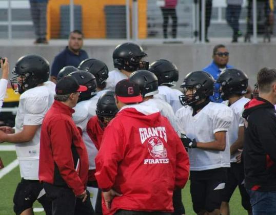 In this photo, the Grants High School Pirates regroup in a huddle at a recent scrimmage at Gallup High School. “Their hunger for success is the only motivation the kids need,” said Brown of the players motivation for at this Friday’s home opener against Capital High School on Friday, August 18 at 7 p.m. Franklin Romero - CC