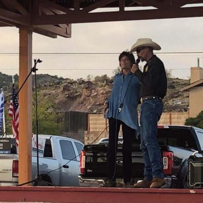 People from across the county gather to support the police at Fire and Ice Park, while this was a Republican protest law enforcement showed up and thanked the community for their support. Cibola County Sheriff Tony Mace and congressional candidate Yvette Herrell (left) address the crowd as did many others at the event. Courtesy photo