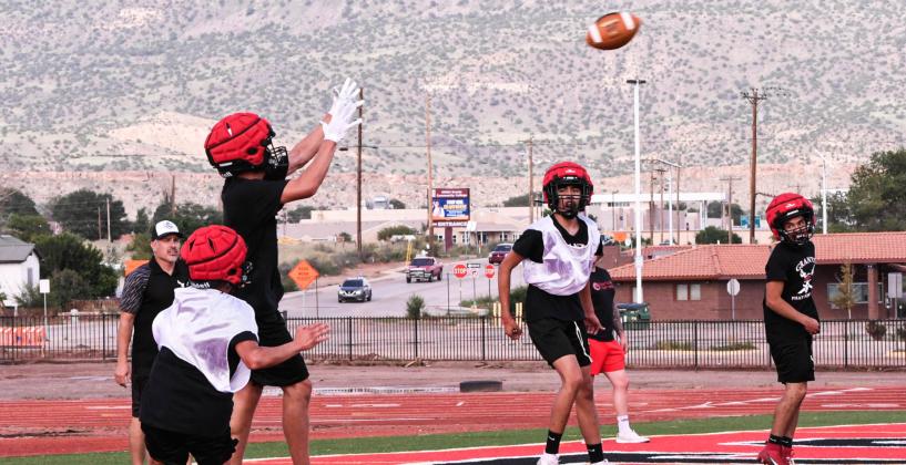 Pirate Cardenio Chavez, a Junior, with a finesse catch at a recent practice. The Pirates start their season on August 23 against Miyamura High School at home. Franklin Romero - CC