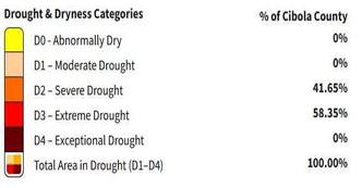 As of June 10, 2025, every part of Cibola County remains in drought, with 58.35 percent of the county now classified in Extreme Drought (D3) and 41.65 percent in Severe Drought (D2). The U.S. Drought Monitor map shows the hardest-hit areas concentrated around the El Malpais National Conservation Area and stretching north toward Grants. No part of the county is currently classified as drought-free Courtesy