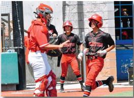 Outfielder Boudy Melonas,1, tags the home plate to score a run at the quarter finals of the 4A state baseball tournament as an eager teammate cheers him on. Franklin Romero - CC