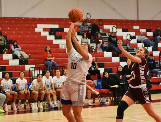 Sophomore Briana Carillo,10, takes it to the hole as the Hawk bench looks on in a 53-50 win over the lady Steers of Magdalena High School (8-2)at the Robert Daily Classic Tournament. The lady Hawks were crowned the champions of the tournament held over the weekend. The lady Hawks improve to 4-3. Franklin Romero - CC