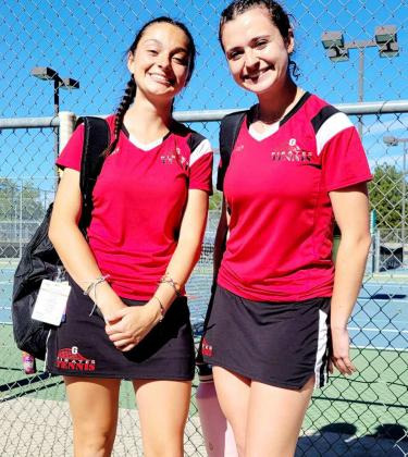 Chloe Rychener and Kylette Garcia staying positive during a grueling week of tennis. Courtesy of Diane Rychener