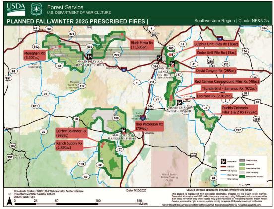 Planned fall–winter 2025 prescribed fires across the Cibola National Forest &amp;amp; National Grasslands, including the Mt. Taylor Ranger District’s Monighan (3,907 acres) and Black Mesa (11,506 acres) projects that may affect skies near Grants, Milan, Bluewater, Thoreau, and regional corridors. Map courtesy: USDA Forest Service. Diego Lopez - CC