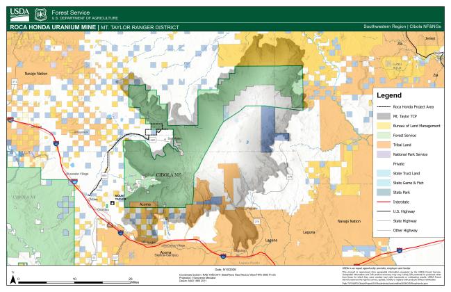 Courtesy U.S. Forest Service A U.S. Forest Service map shows the proposed Roca Honda uranium mine project area near San Mateo in the Mount Taylor Ranger District. The Forest Service announced Sept. 11 that it is beginning an environmental impact statement and accepting public comments on the proposal for 30 days.