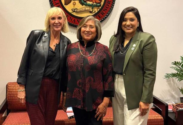 State Representatives Joy Garratt (HD29), Eleanor Chávez (HD26), and Michelle Paulene Abeyta (HD69) gather at the Roundhouse in Santa Fe on Nov. 10 during the Legislature’s one-day special session to extend food benefits for New Mexicans affected by the federal shutdown. Courtesy Photo