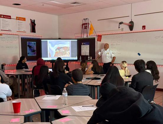 Grants Fire and Rescue Chief Maes speaks to AVID and driver’s education students at Grants High School during First Responder Appreciation Week. Chief Maes shared insights about his firefighting career and the importance of DWI safety, encouraging students to make smart choices Courtesy Photo