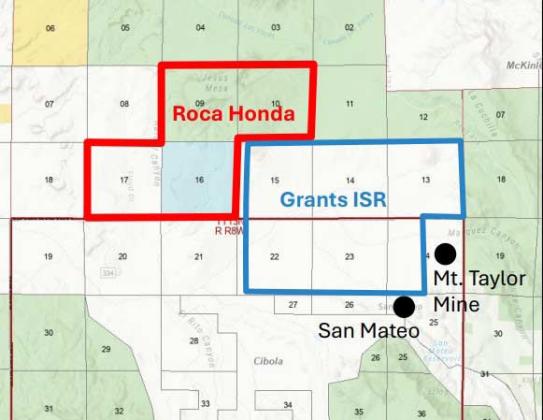 Map showing the location of the Roca Honda Mine and Grants ISR Project near San Mateo and Mount Taylor. Both uranium projects are currently under federal review, with Roca Honda requiring significant groundwater pumping. The area falls within the Mount Taylor Traditional Cultural Property.