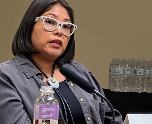State Senator Angel Charley (D–Acoma Pueblo) speaks during the July 11 uranium hearing at NMSU–Grants. Charley, who sponsored Senate Memorial 14, reaffirmed the Legislature’s opposition to uranium mining near Mount Taylor. “Mount Taylor is sacred to the Acoma people, to the Navajo, to Zuni, to Laguna, and to the Hopi. It is a place of prayer, not a place for radioactive waste,” she said. Sylvia Anzures Gonzale - CC