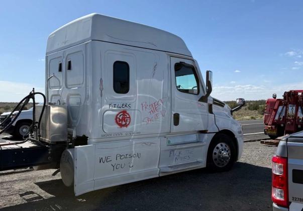 The tagged cab of an ore hauler that was attacked during a May 17 protest of Energy Fuels and it's Pinyon Plain Mine. Courtesy Photo