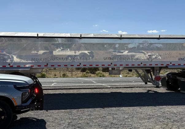 An ore hauler sits tagged with 'Destroy Energy Fuels' following the May 17 protest of the Pinyon Plain Mine. Courtesy Photo