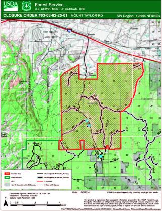 This map details the temporary closure area within the Mt. Taylor Ranger District, issued by the U.S. Forest Service in preparation for a missile test launch from Fort Wingate between February 11 and 14. The closure will restrict public access to specific roads, trails, and lands to ensure safety during the test. Photo Courtesy of Cibola National Forest and Grasslands